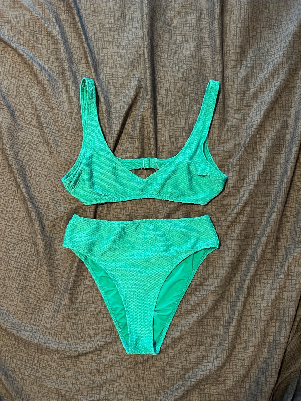 Aerie Textured Green Bikini Set - Bralette Top & High-Waist Bottoms (S/M)